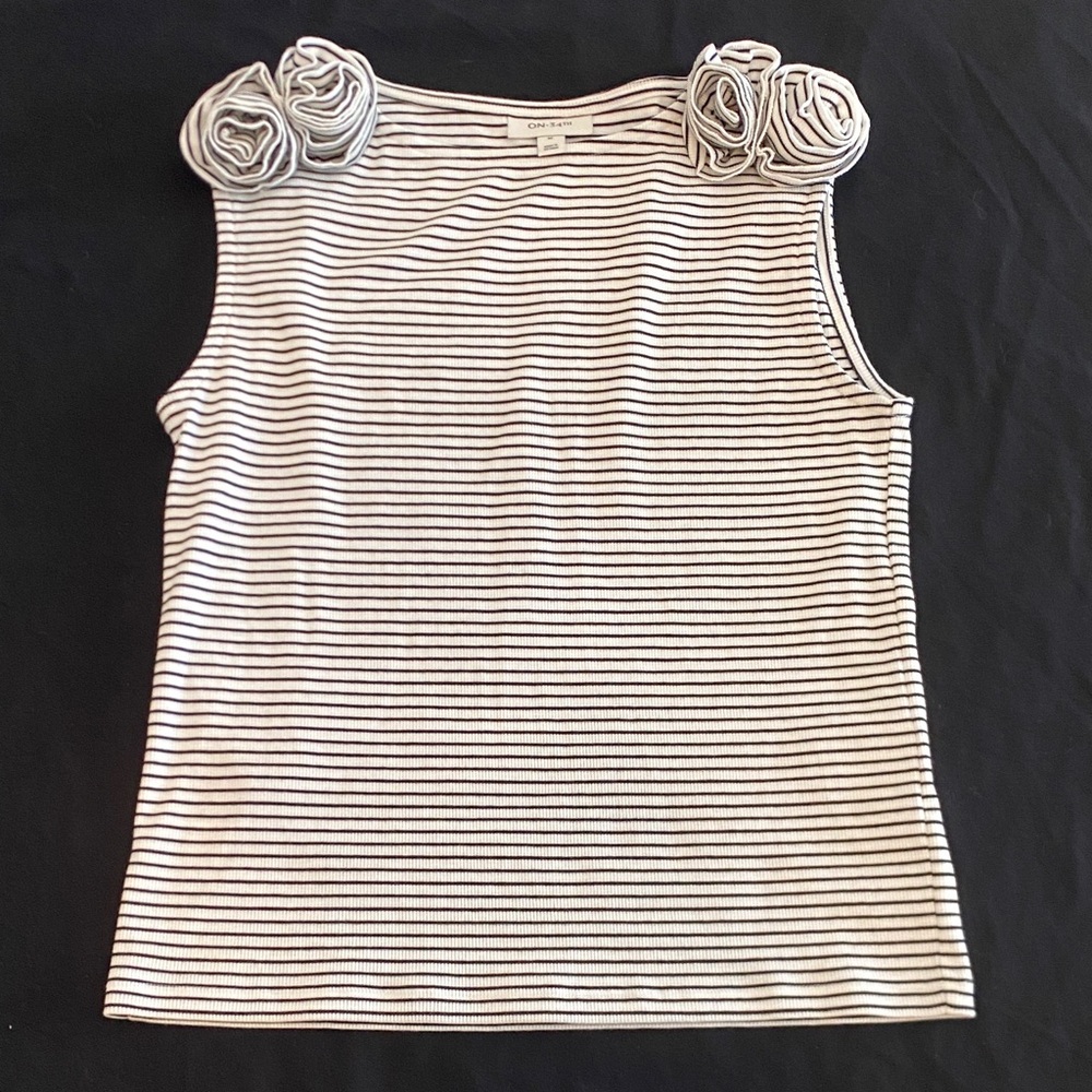 Striped Black and White Tank Top with Floral Accents